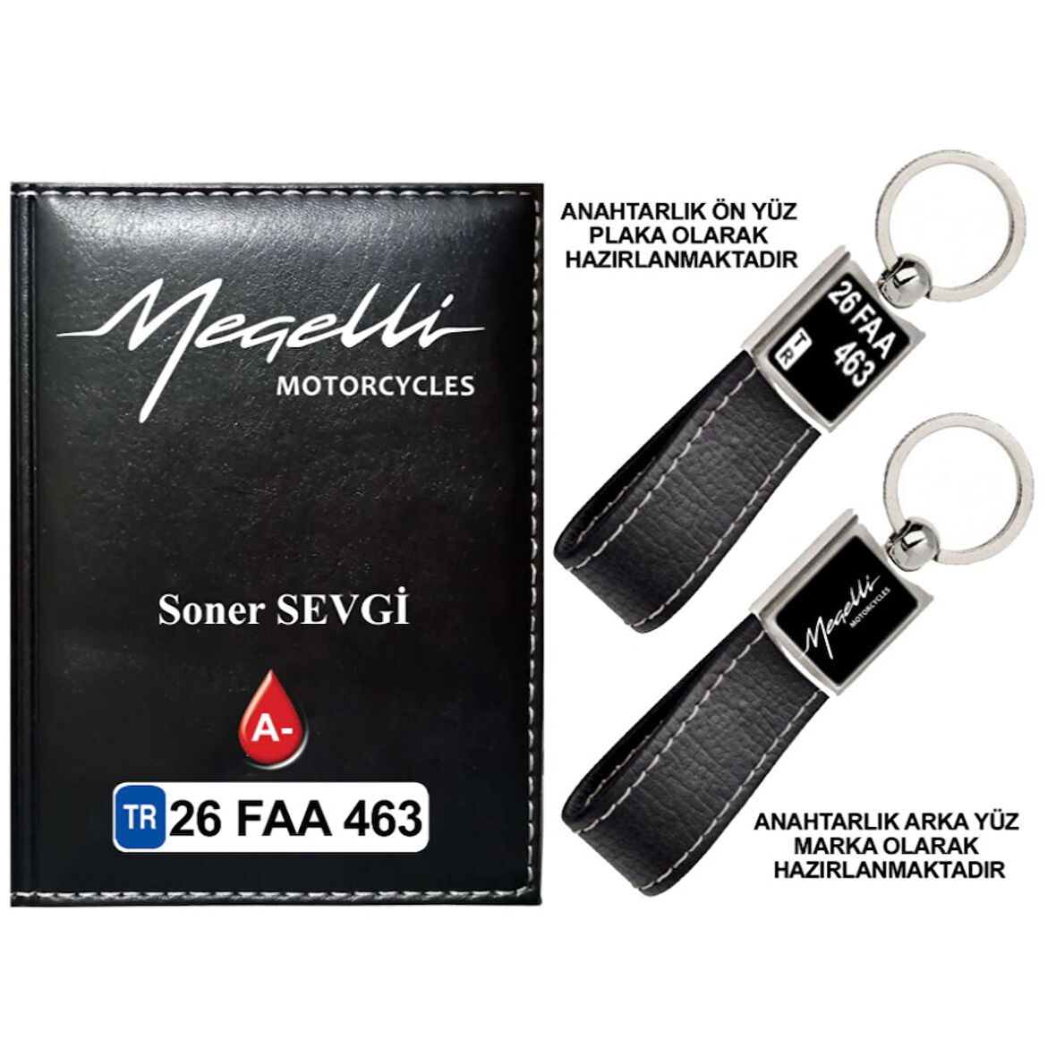 Plakanıza Özel Megelli Logolu Siyah Ruhsat Kabı ve Anahtarlık