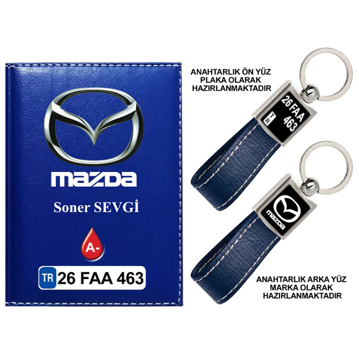 Plakanıza Özel Mazda Logolu Lacivert Ruhsat Kabı ve Anahtarlık