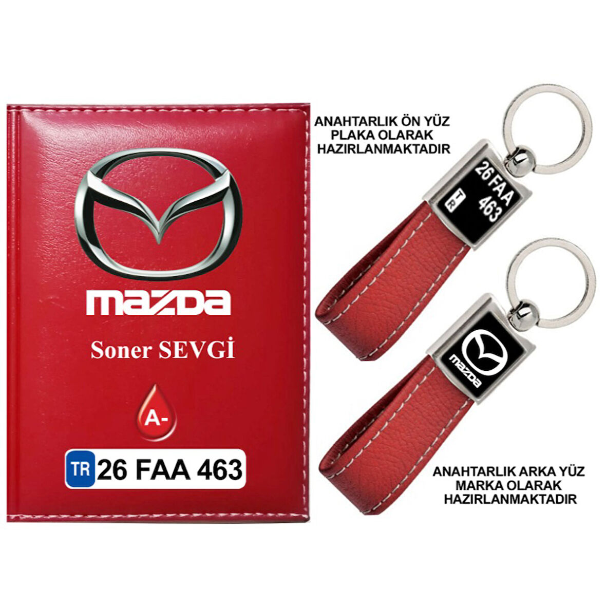 Plakanıza Özel Mazda Logolu Kırmızı Ruhsat Kabı ve Anahtarlık