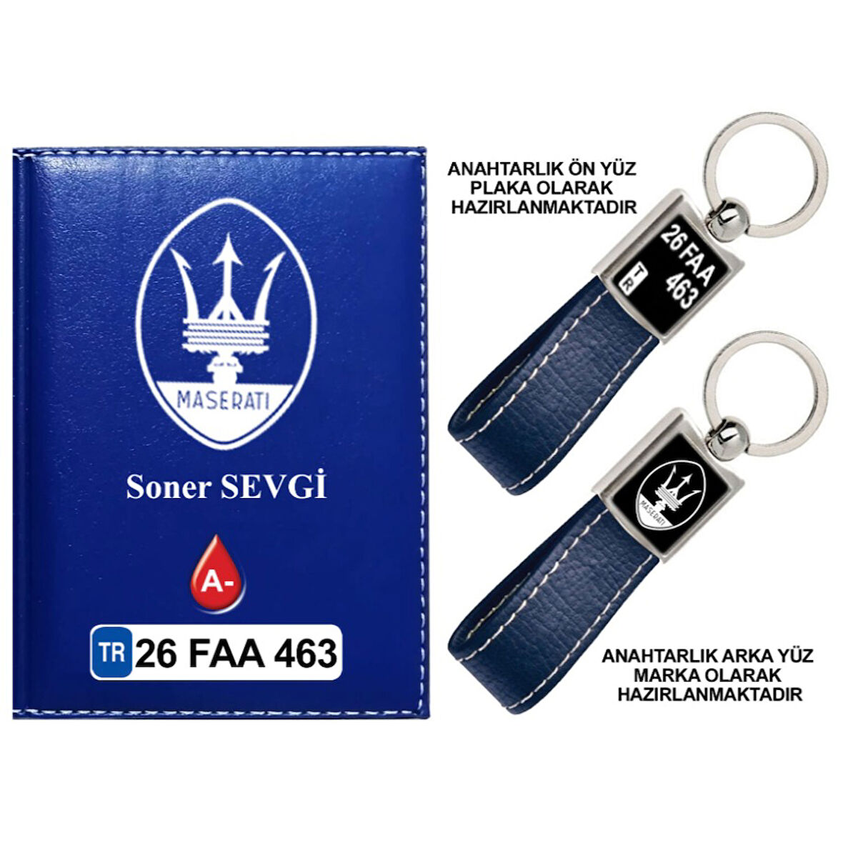 Plakanıza Özel Maserati Logolu Lacivert Ruhsat Kabı ve Anahtarlık