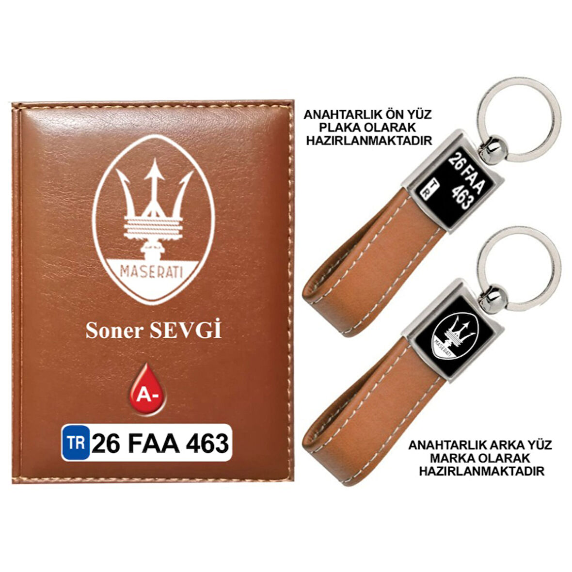 Plakanıza Özel Maserati Logolu Taba Ruhsat Kabı ve Anahtarlık