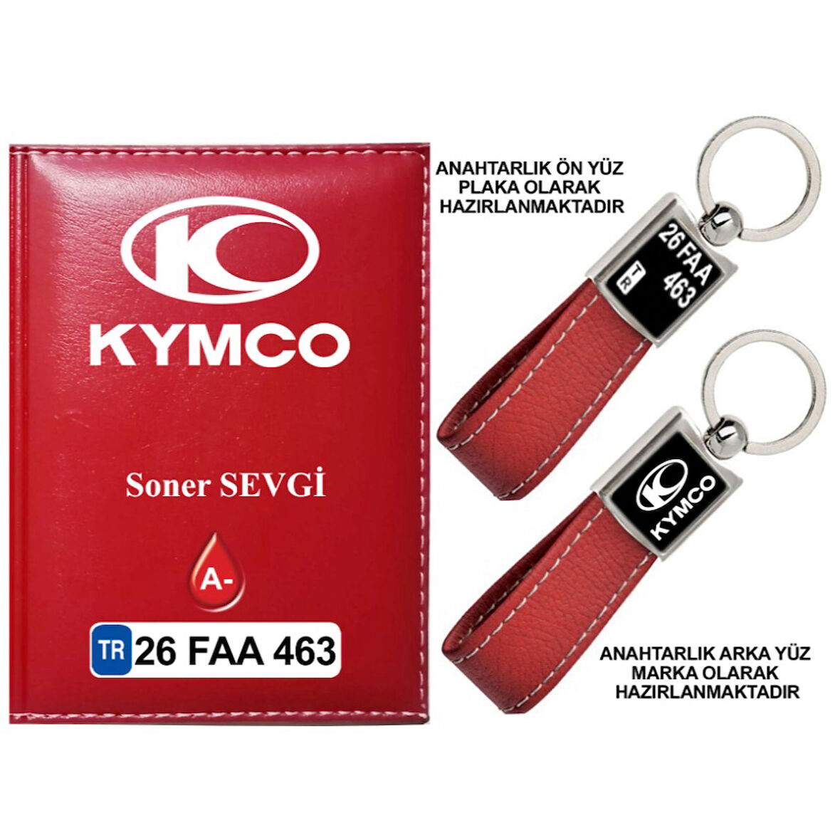 Plakanıza Özel Kymco Logolu Kırmızı Ruhsat Kabı ve Anahtarlık