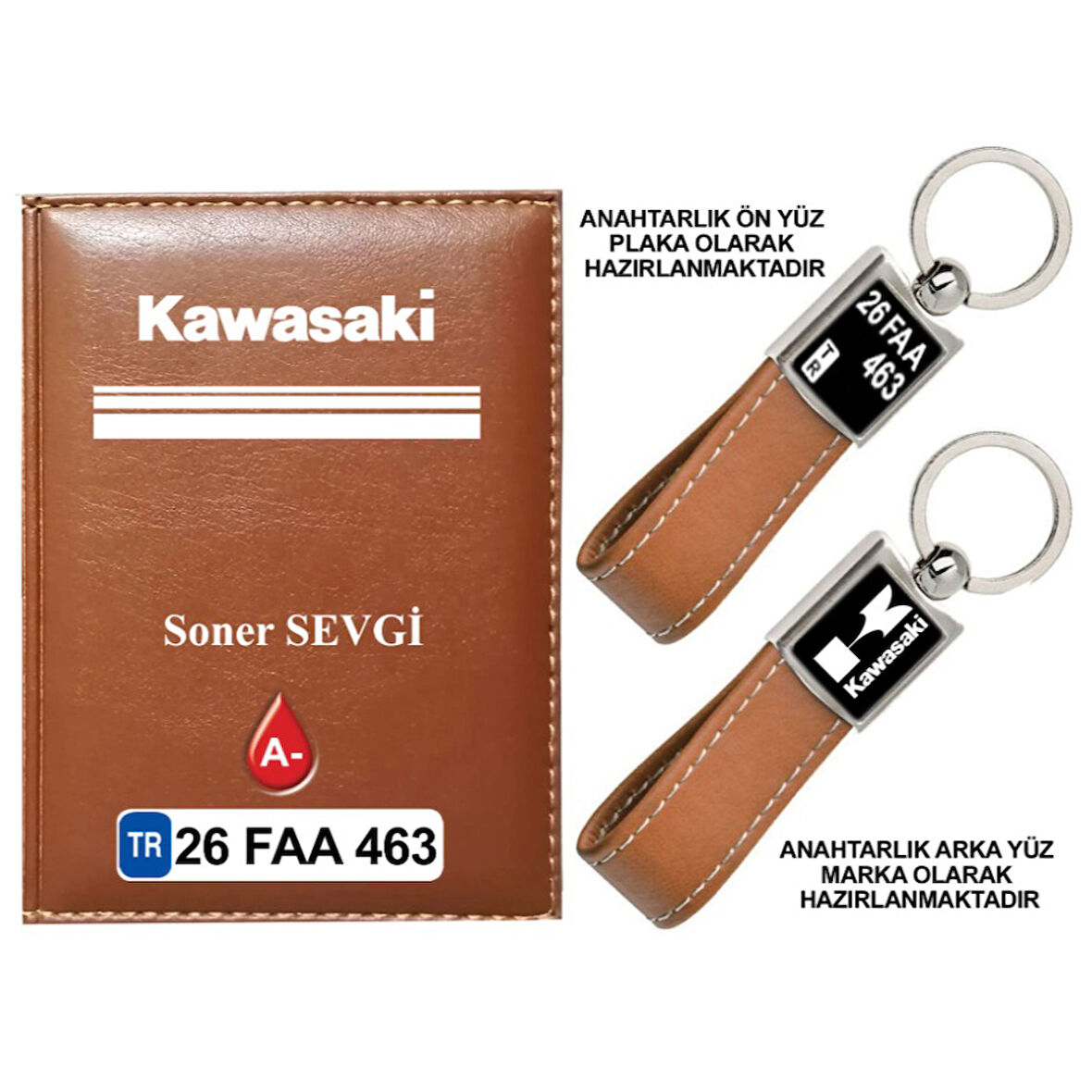 Plakanıza Özel Kawasaki Logolu Taba Ruhsat Kabı ve Anahtarlık