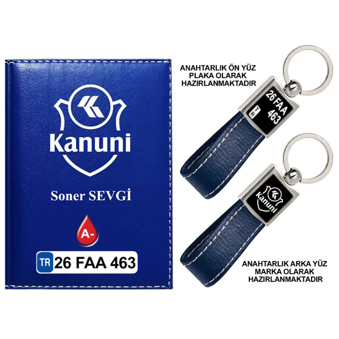 Plakanıza Özel Kanuni Motor Logolu Lacivert Ruhsat Kabı ve Anahtarlık