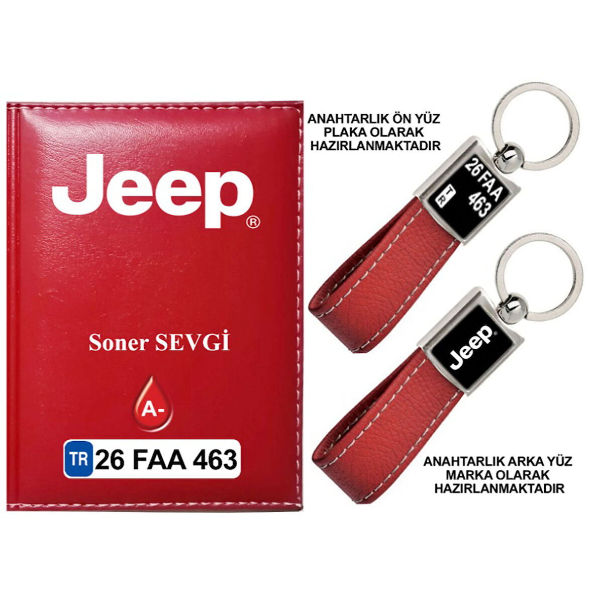 Plakanıza Özel Jeep Logolu Kırmızı Ruhsat Kabı ve Anahtarlık
