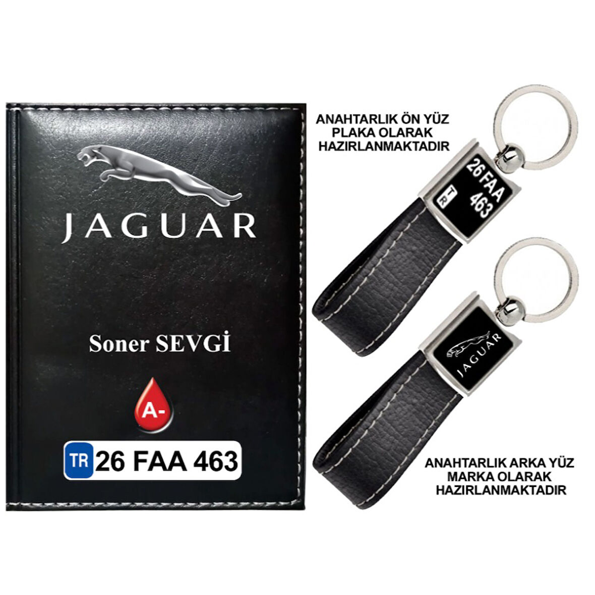 Plakanıza Özel Jaguar Logolu Siyah Ruhsat Kabı ve Anahtarlık