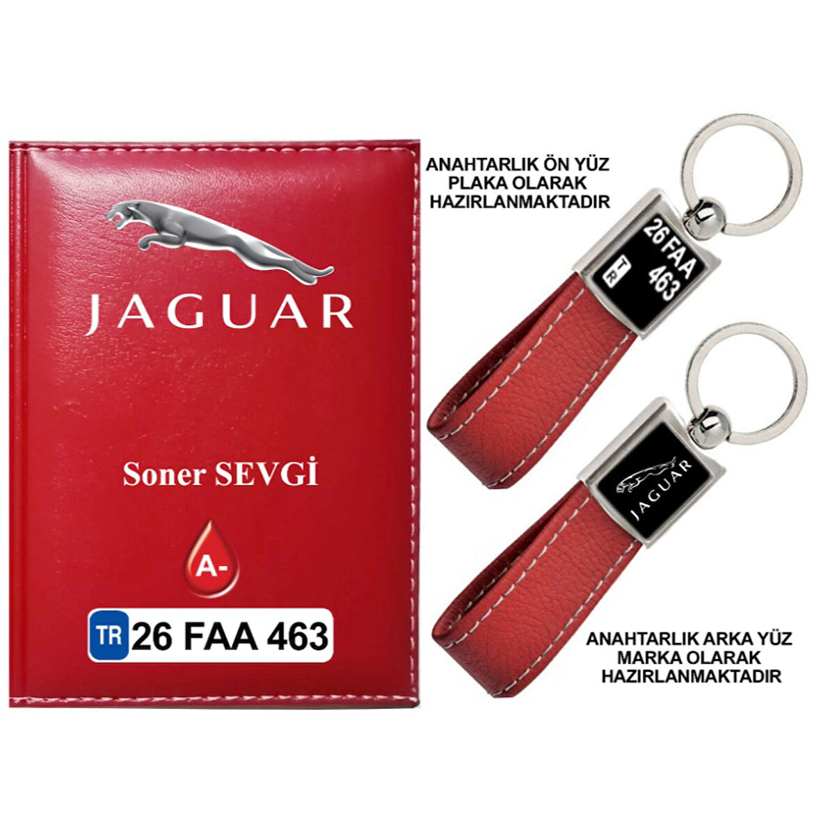 Plakanıza Özel Jaguar Logolu Kırmızı Ruhsat Kabı ve Anahtarlık