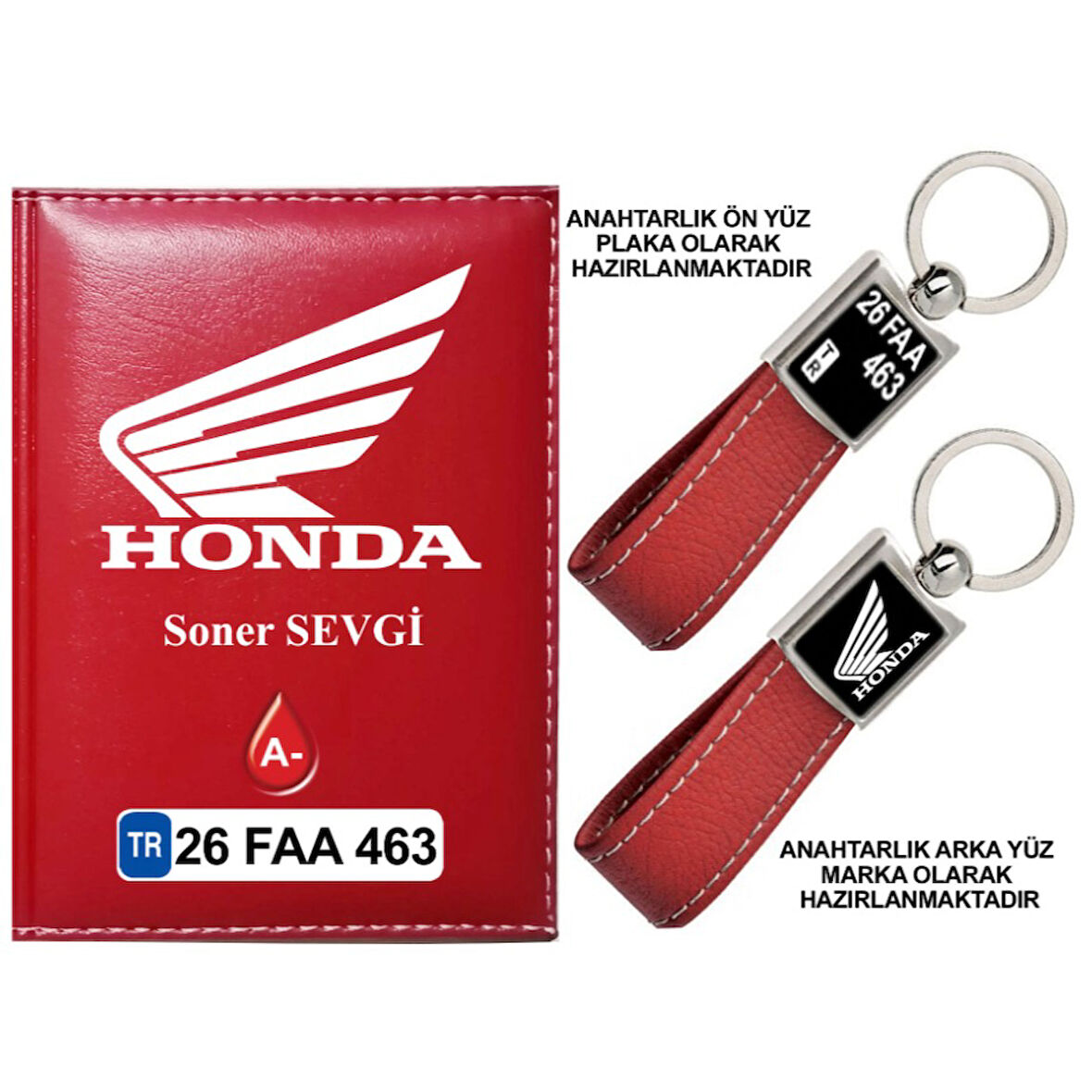 Plakanıza Özel Honda Motor Logolu Kırmızı Ruhsat Kabı ve Anahtarlık