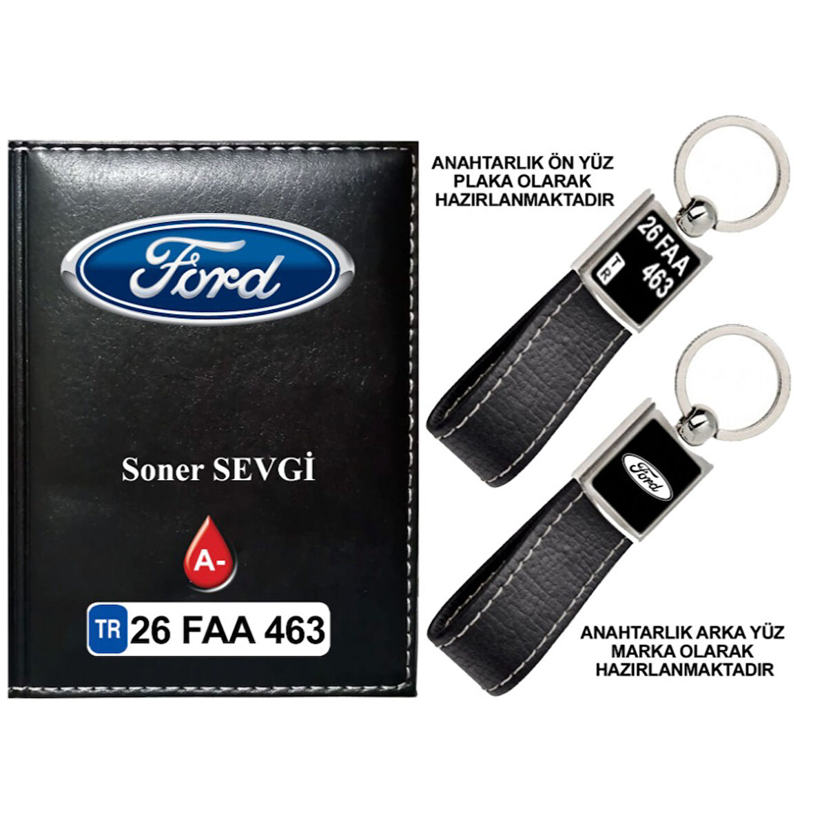 Plakanıza Özel Ford Logolu Siyah Ruhsat Kabı ve Anahtarlık