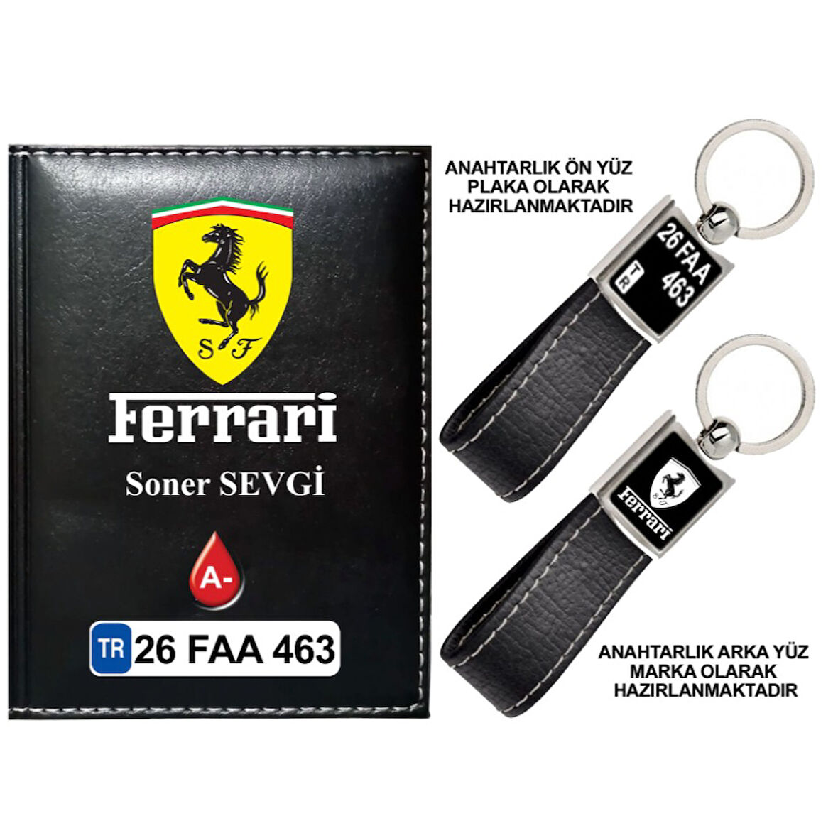 Plakanıza Özel Ferrari Logolu Siyah Ruhsat Kabı ve Anahtarlık