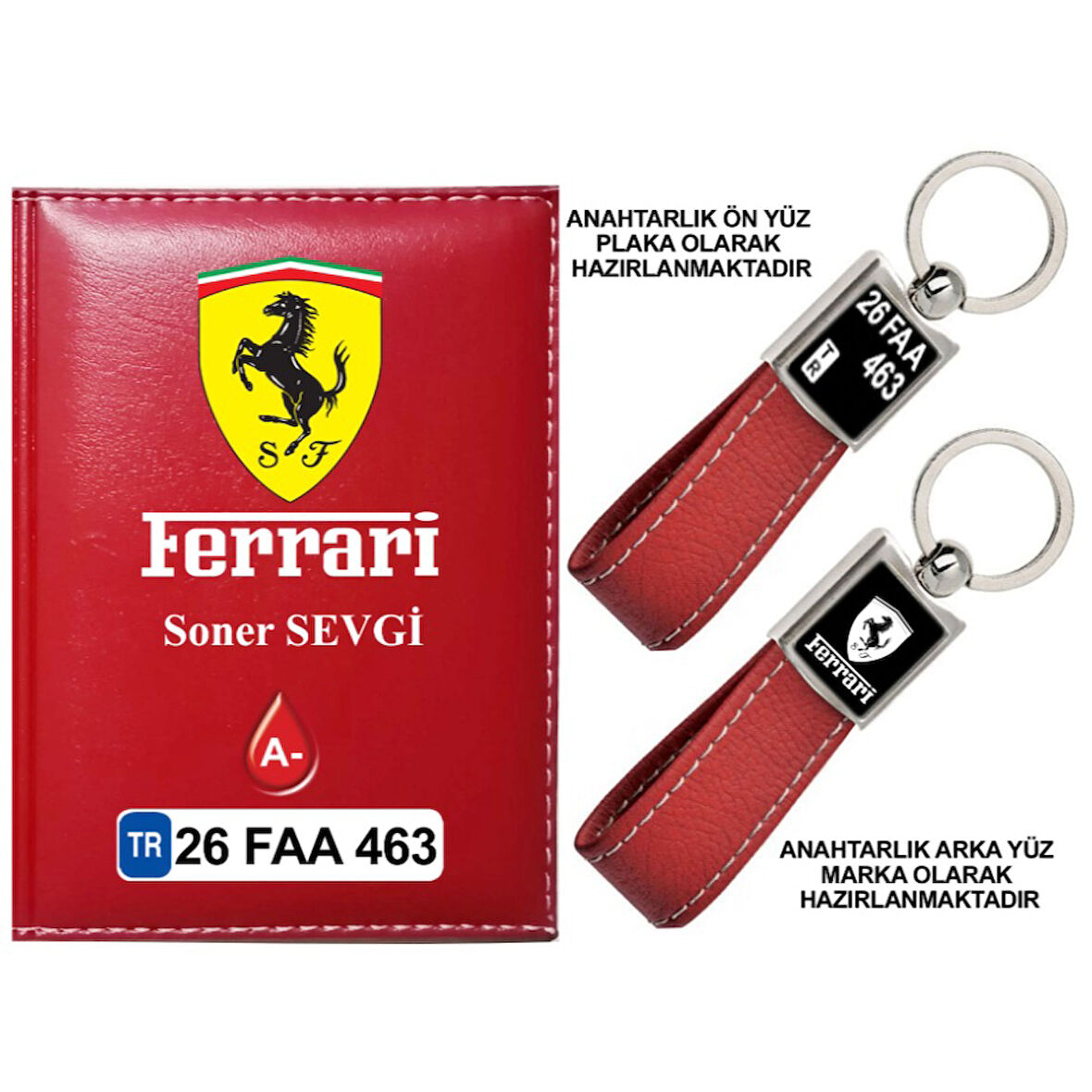 Plakanıza Özel Ferrari Logolu Kırmızı Ruhsat Kabı ve Anahtarlık