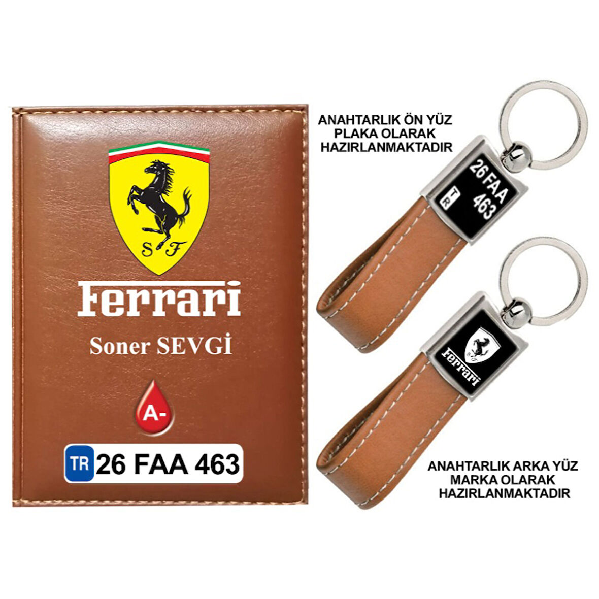 Plakanıza Özel Ferrari Logolu Taba Ruhsat Kabı ve Anahtarlık