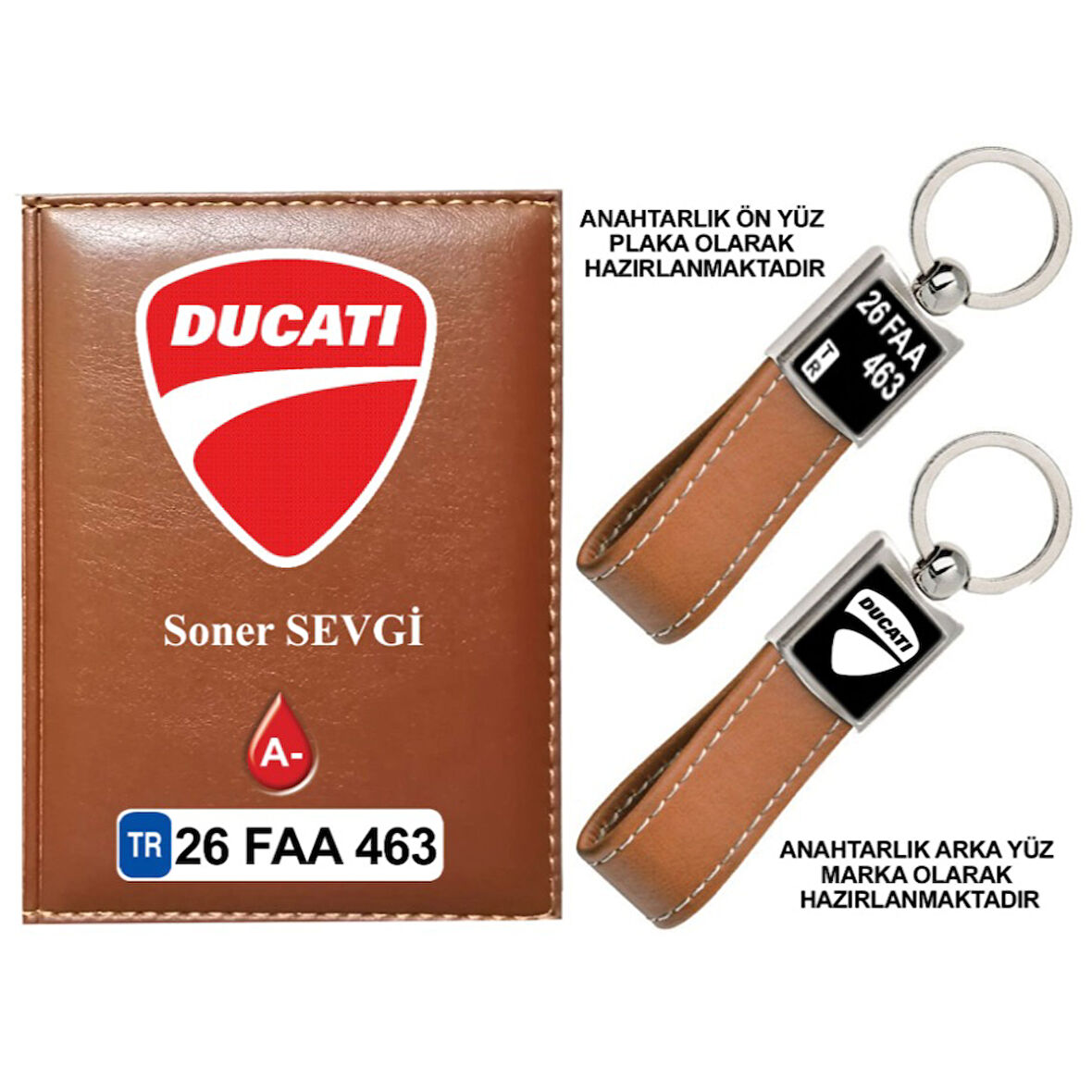 Plakanıza Özel Ducatı Logolu Taba Ruhsat Kabı ve Anahtarlık