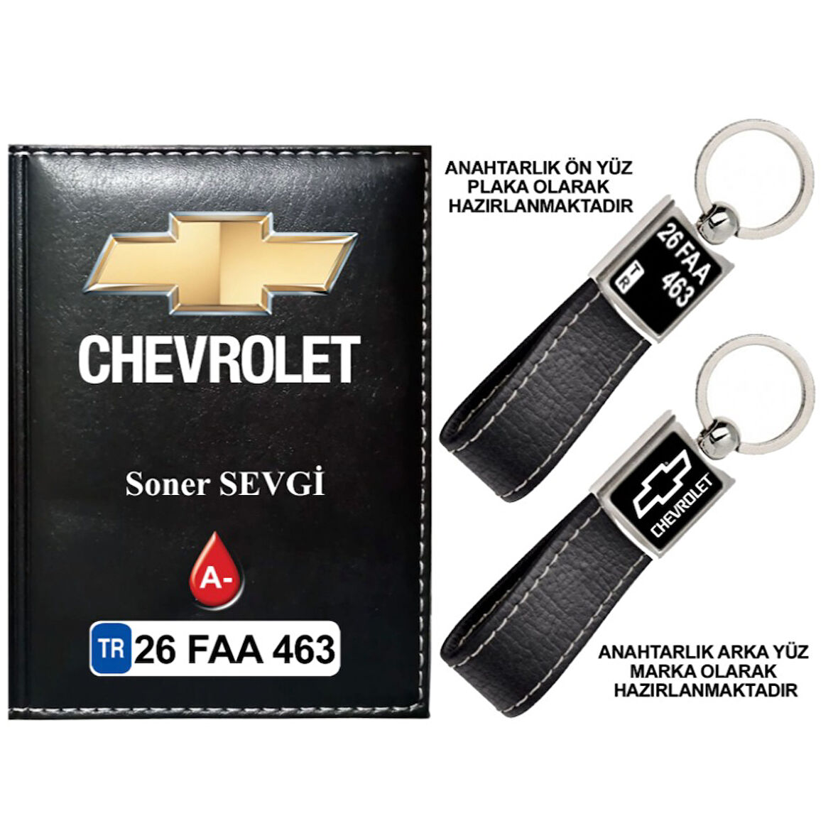 Plakanıza Özel Chevrolet Logolu Siyah Ruhsat Kabı ve Anahtarlık