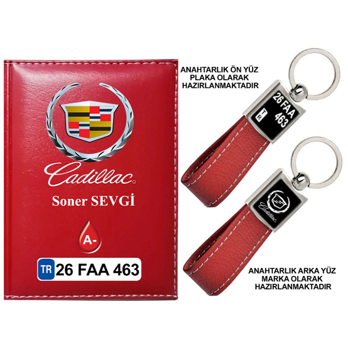 Plakanıza Özel Cadillac Logolu Kırmızı Ruhsat Kabı ve Anahtarlık