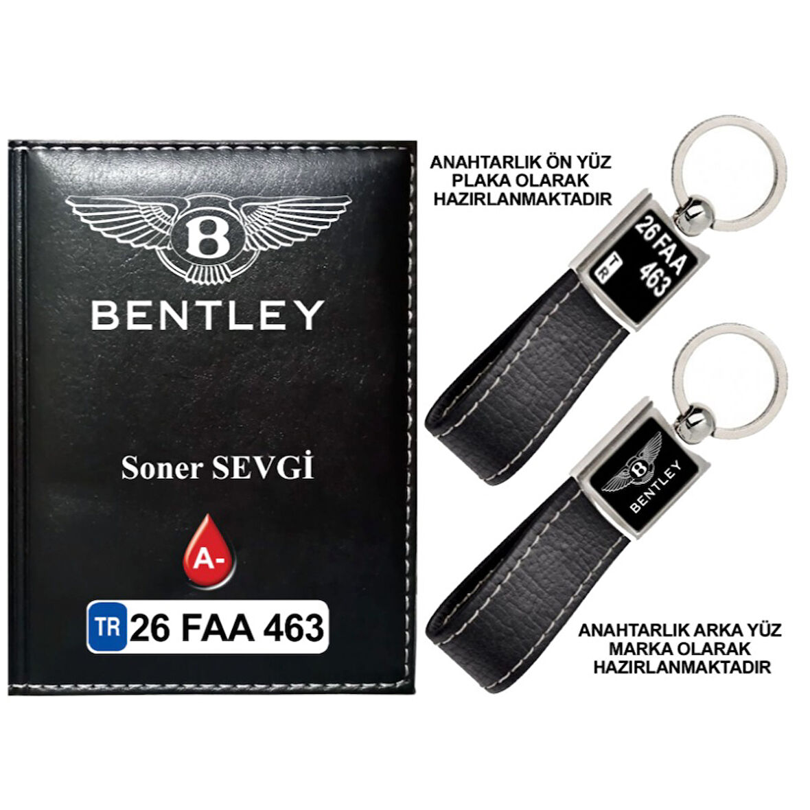 Plakanıza Özel Bentley Logolu Siyah Ruhsat Kabı ve Anahtarlık