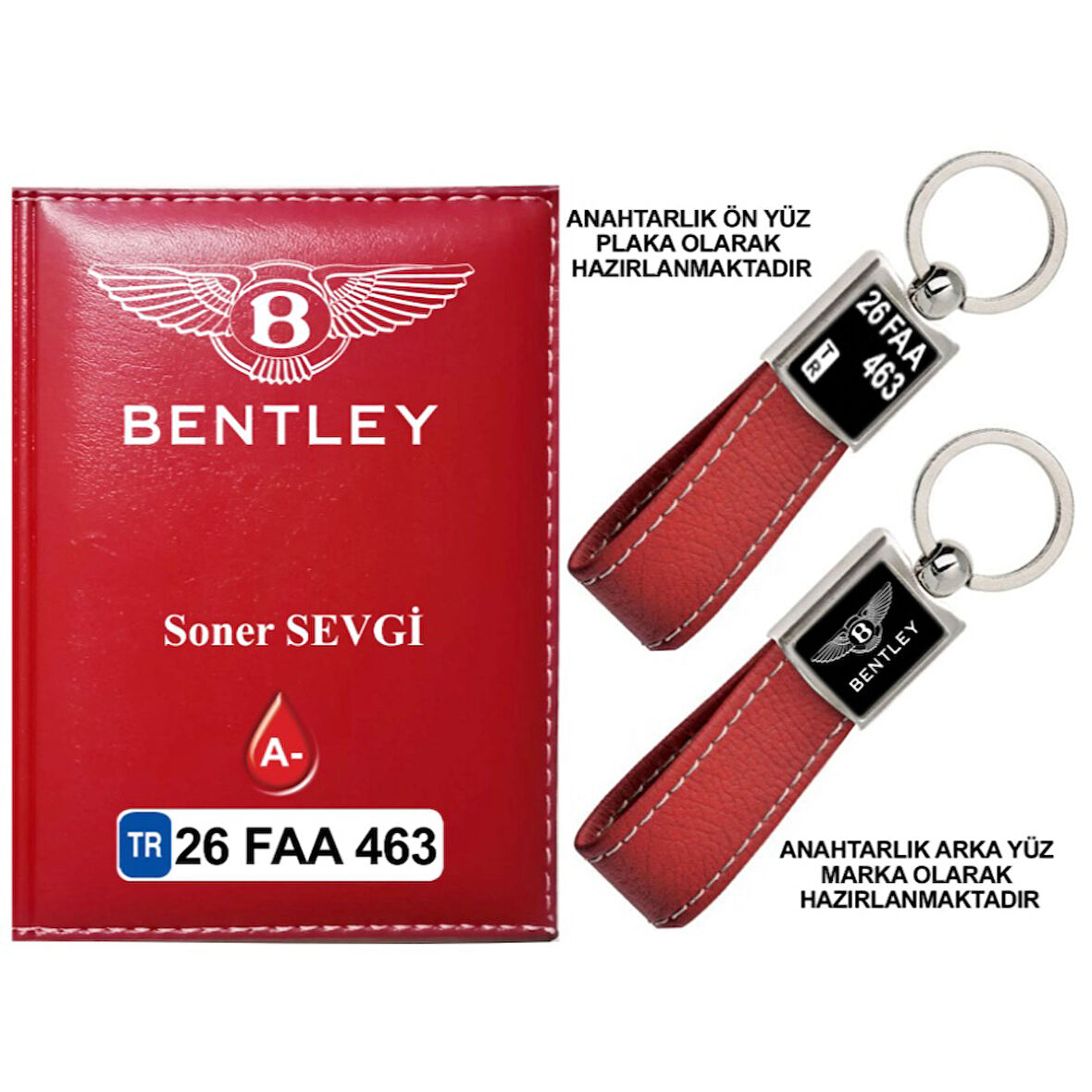 Plakanıza Özel Bentley Logolu Kırmızı Ruhsat Kabı ve Anahtarlık