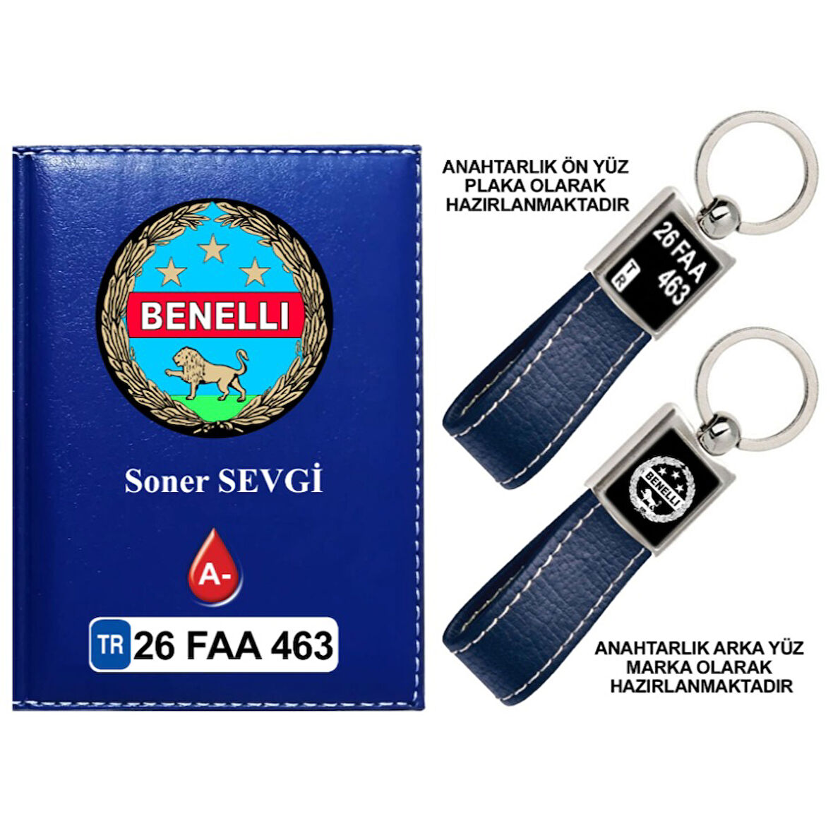 Plakanıza Özel Benelli Logolu Lacivert Ruhsat Kabı ve Anahtarlık