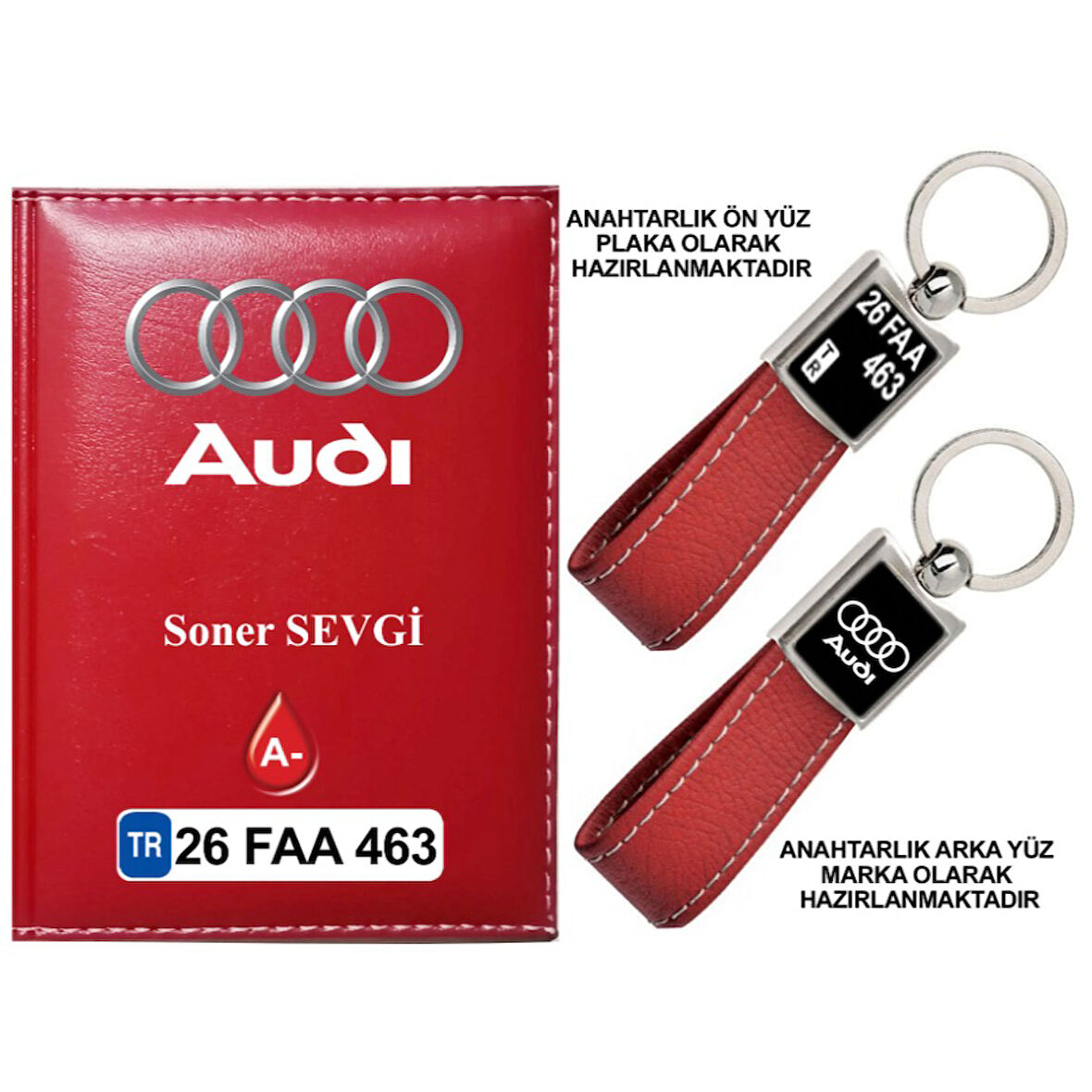 Plakanıza Özel Audi Logolu Kırmızı Ruhsat Kabı ve Anahtarlık