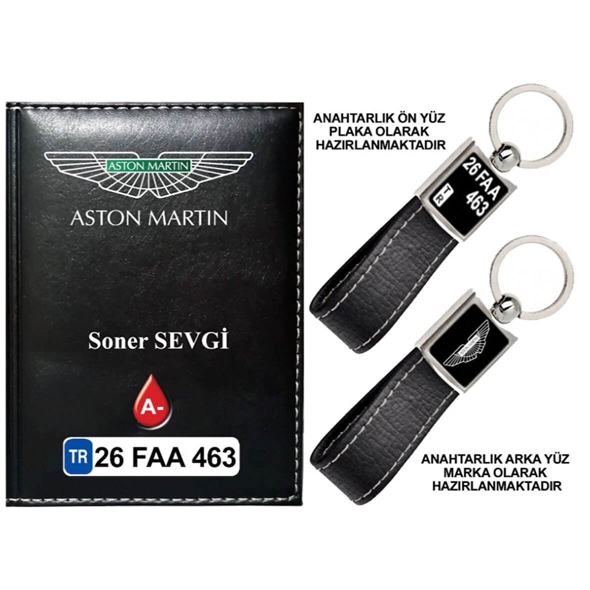 Plakanıza Özel Aston Martin Logolu Siyah Ruhsat Kabı ve Anahtarlık