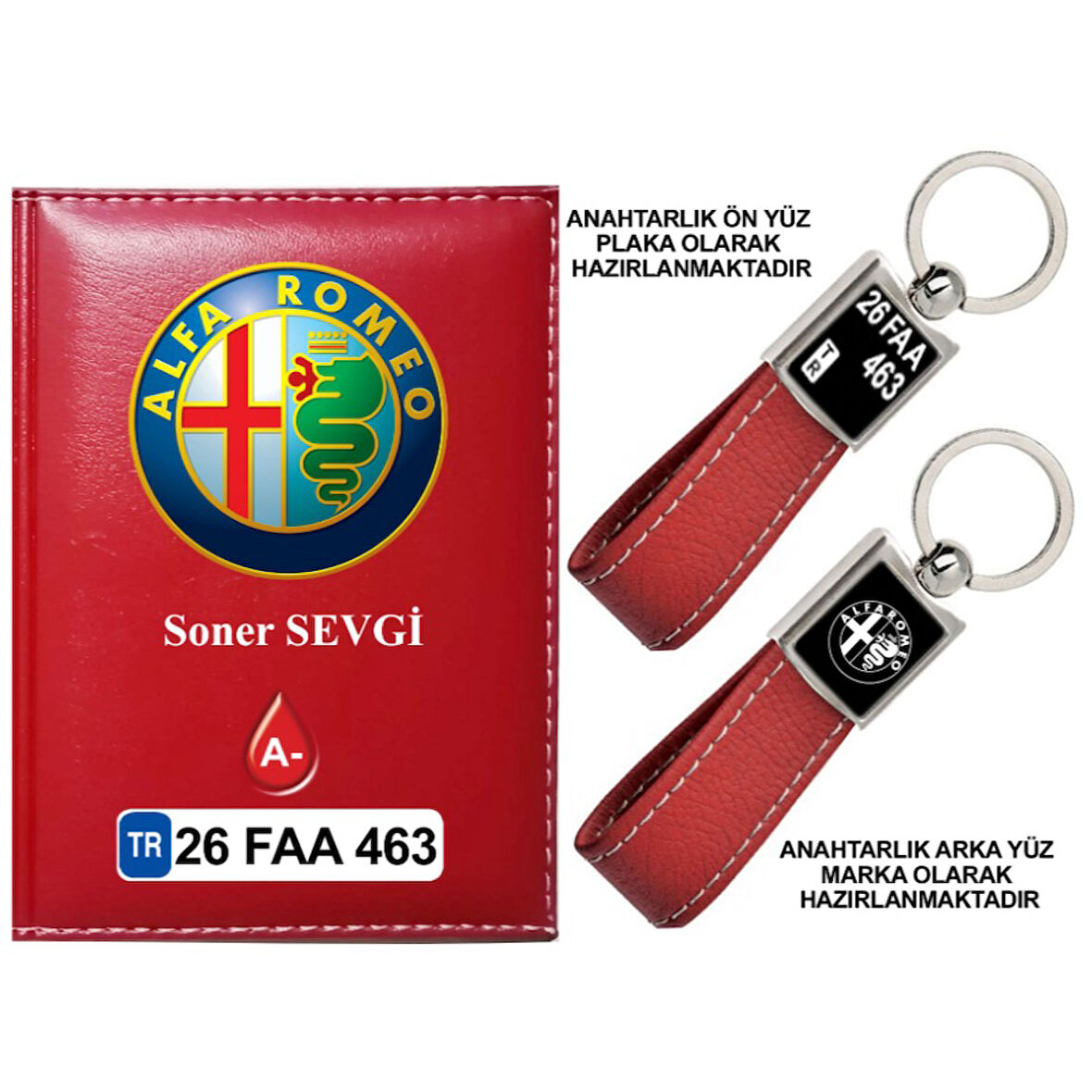 Plakanıza Özel Alfaromeo Logolu Kırmızı Ruhsat Kabı ve Anahtarlık