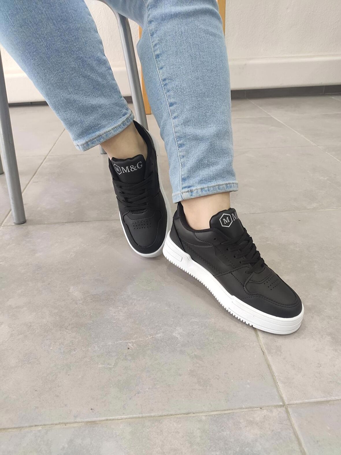 Unisex Ayakkabı Siyah Beyaz Taban Spor Ayakkabı Sneaker Mg03