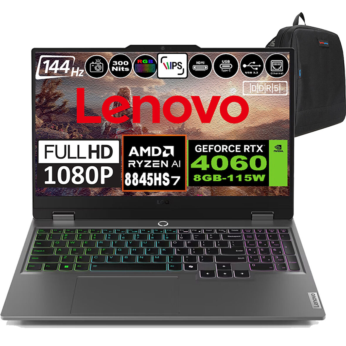 Lenovo Loq 15AHP9 Amd Ryzen 7 8845HS Ddr5 96GB 1tb SSD RTX4060-8GB 300NITS 15.6" 144Hz Fhd Windows 11 Home Taşınabilir Bilgisayar 83DX00B1TRH14 + Zetta Çanta