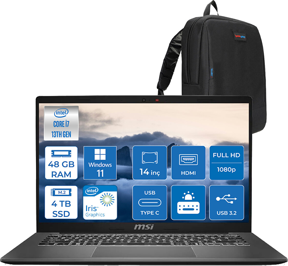 Msı Modern 14 Intel Core I7 1355U 48GB 4tb SSD Iris Xe Graphics Windows 11 Pro 14" IPS Fullhd (1920*1080) Taşınabilir Bilgisayar F13MG257XTRP30 + Zetta Çanta