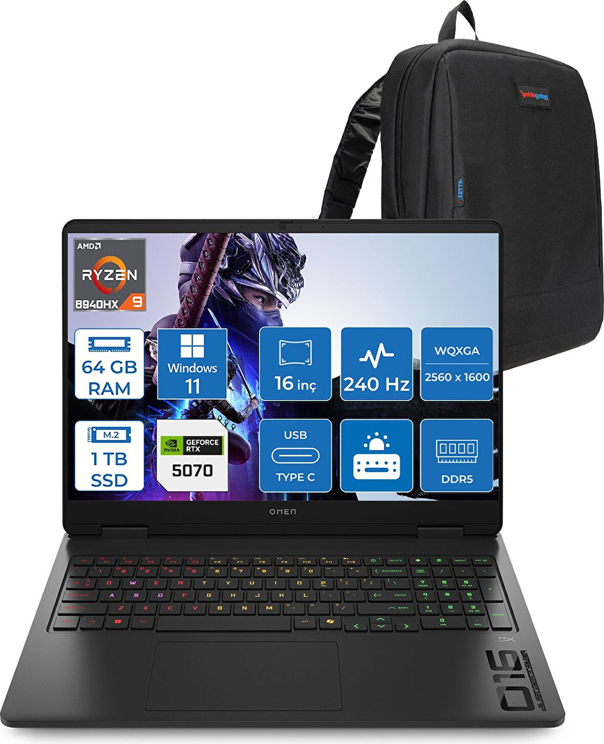 Hp Omen 16-AP0014NT Amd Ryzen 9 8940HX 64GB Ddr5 1tb SSD RTX5070 8gb Gddr7 16 Inç Wqxga (2560 x 1600) 240Hz 500NITS IPS Windows 11 Pro Taşınabilir Bilgisayar C12CJEAP32 + Zetta Çanta
