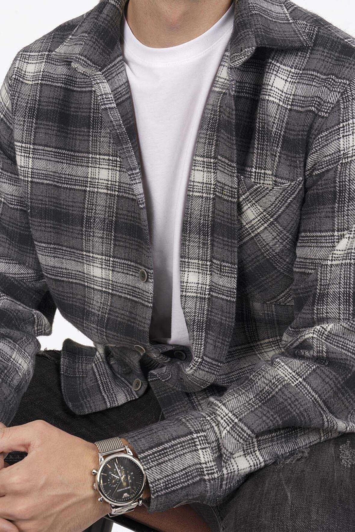 Gri Beyaz Geçişli Kalın Oversize Gömlek