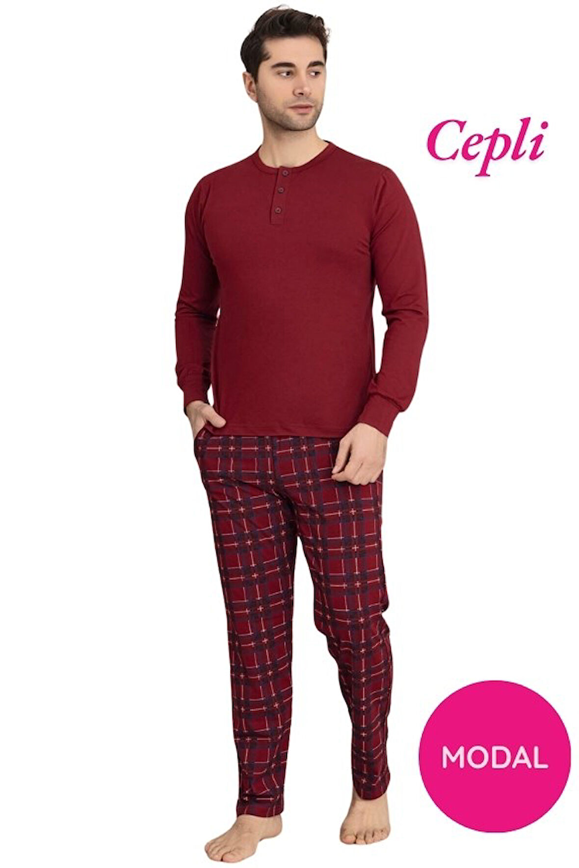 Erkek 3 Düğmeli Ekose Desen Pamuk Likra Mevsimlik Modal Uzun Kol Manşetli Cepli Pijama Takımı