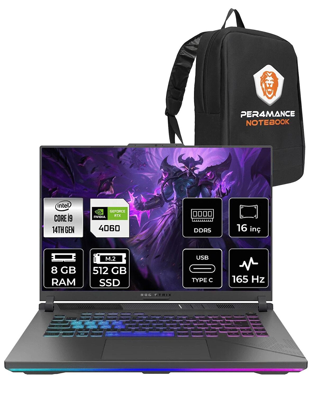 ASUS ROG Strix G16 i9-14900HX 8GB 512GB SSD RTX4060/8GB 165HZ 16" WUXGA FDOS N3117 & PER4 ÇANTA