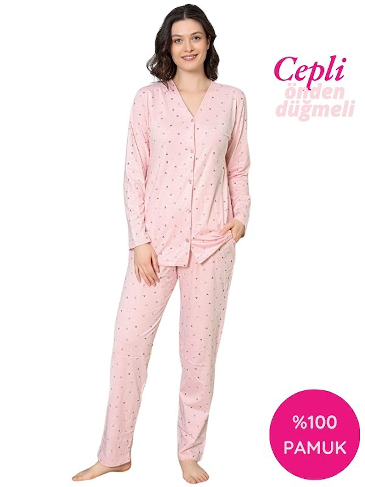 Kadın V Yaka Önden Düğmeli %100 Pamuk Uzun Kol Cepli Pijama Takımı