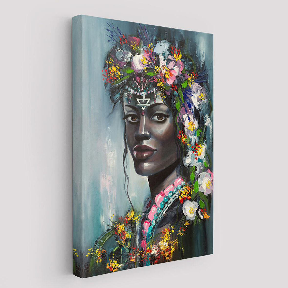 Çiçek Taçlı Afrikalı Kadın Kanvas Tablo-5979