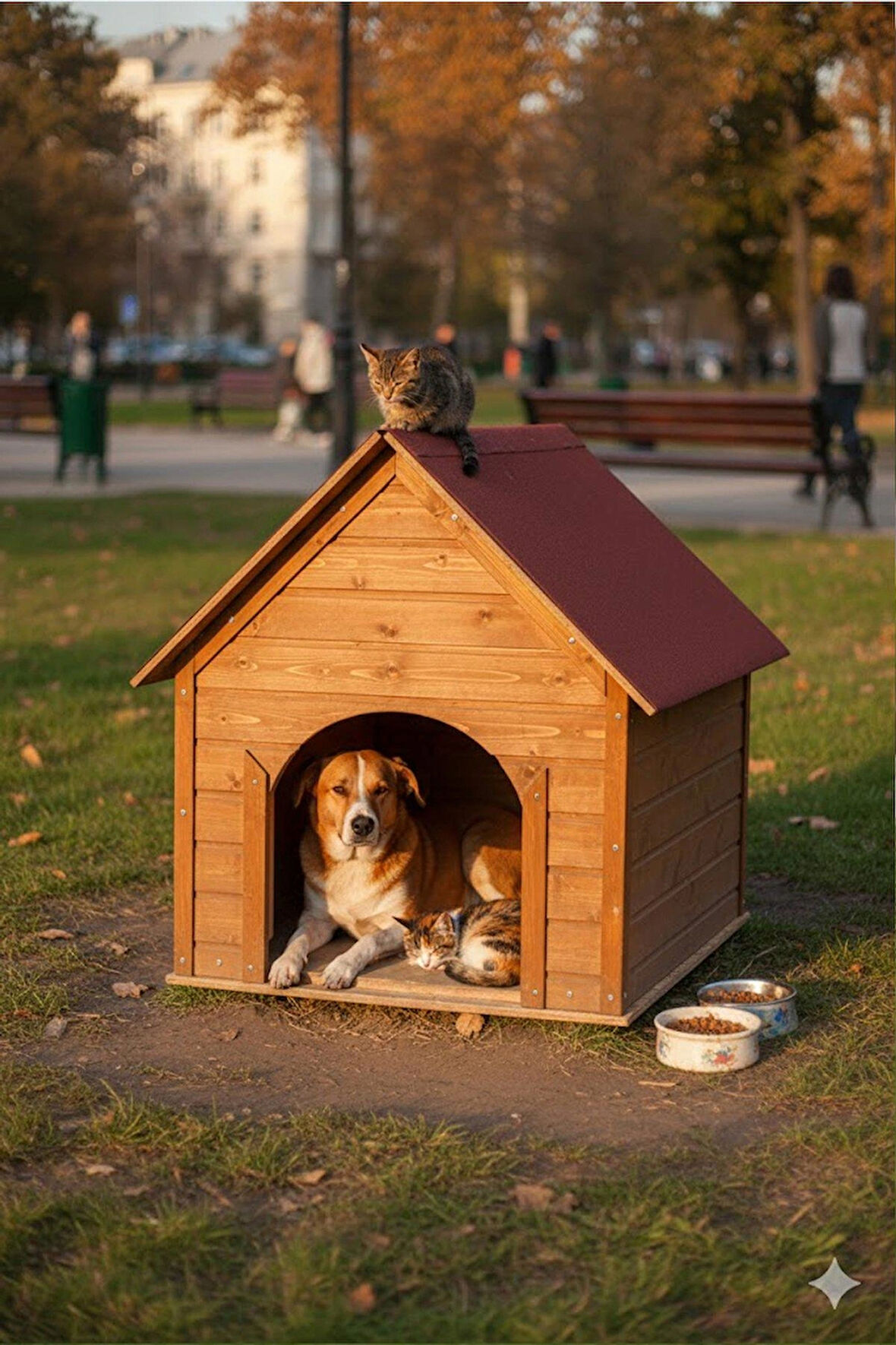 Reyo Pet Suya Soğuğa Dayanıklı Lüks Büyük Boy Ahşap Köpek Kulubesi Sokak Köpek Evi Kırmızı Çatılı 100x100x78 cm Ceviz