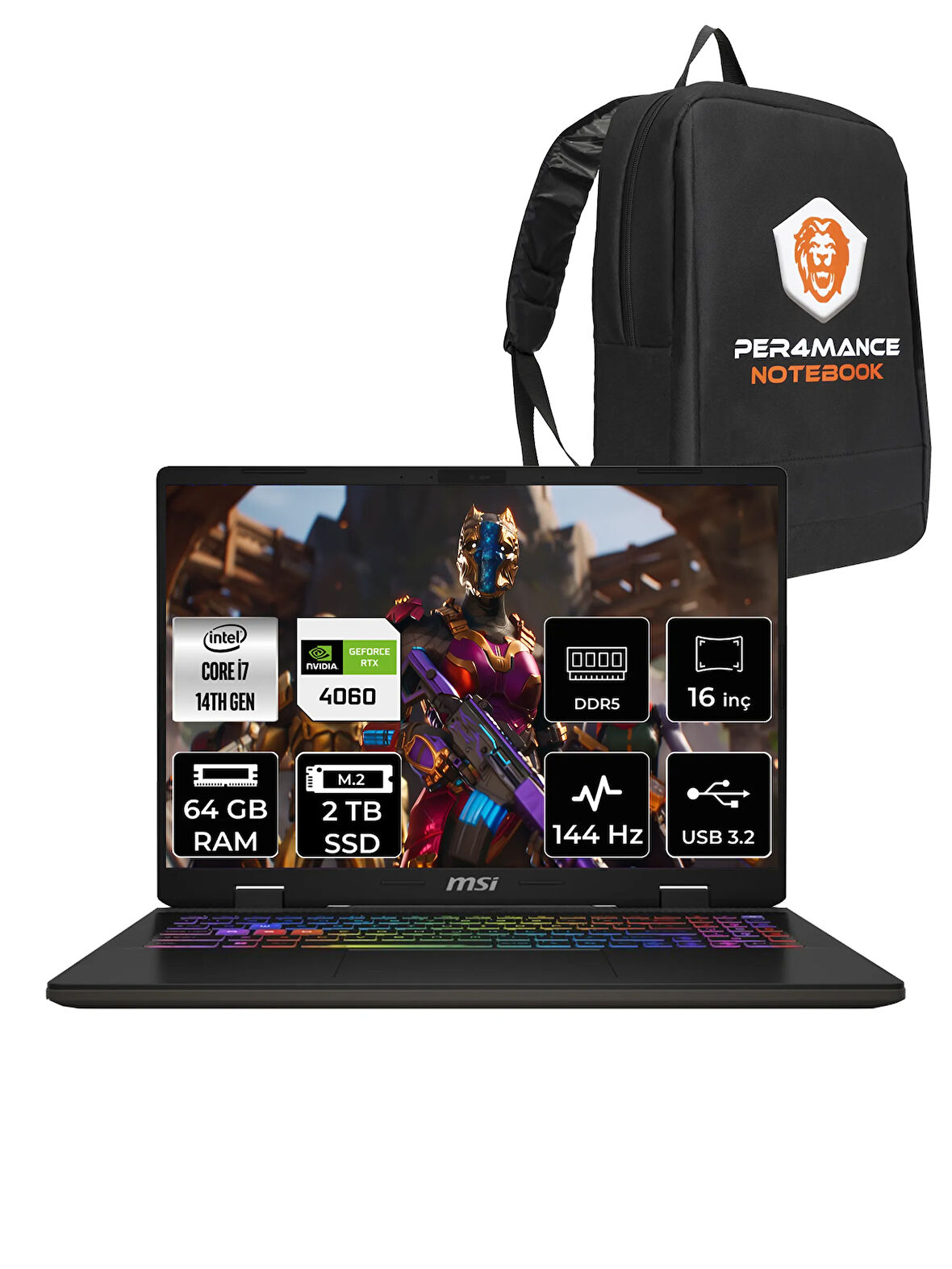 MSI SWORD 16 HX i7-14700HX 64GB 2TB SSD RTX4060/8GB 16" FHD+ 144HZ FDOS B14VFKG-061XTR & PER4 ÇANTA
