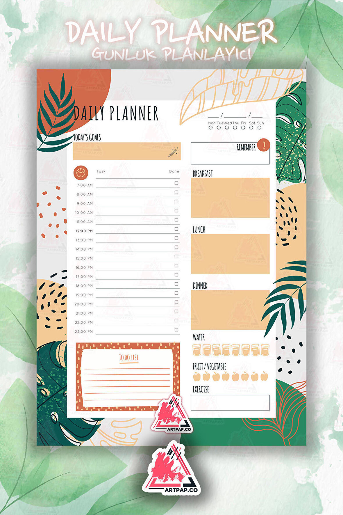 Daily Planner Note | Günlük Hatırlatıcı Planlayıcı, Haftalık Ajanda, Aylık Defter | A5 50Syf 15*21cm