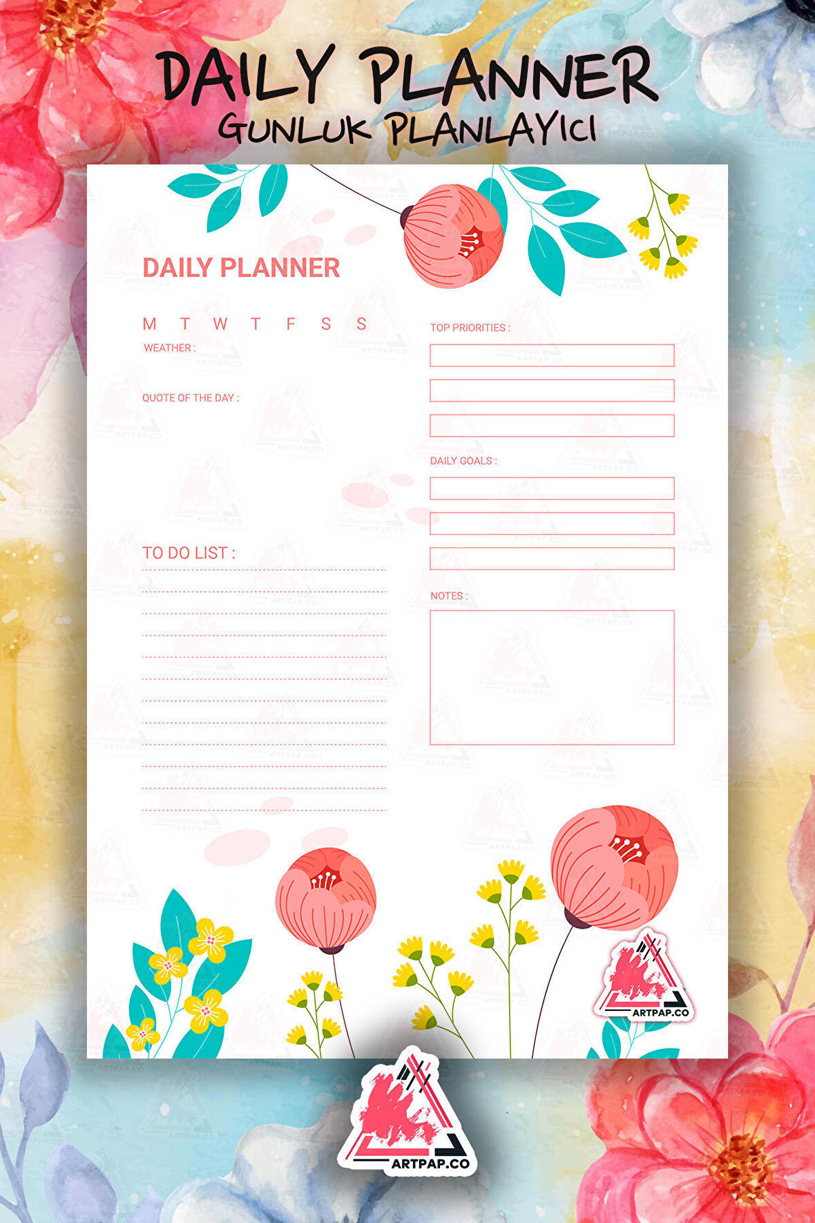 Daily Planner Note | Günlük Hatırlatıcı Planlayıcı, Haftalık Ajanda, Aylık Defter | A5 50Syf 15*21cm