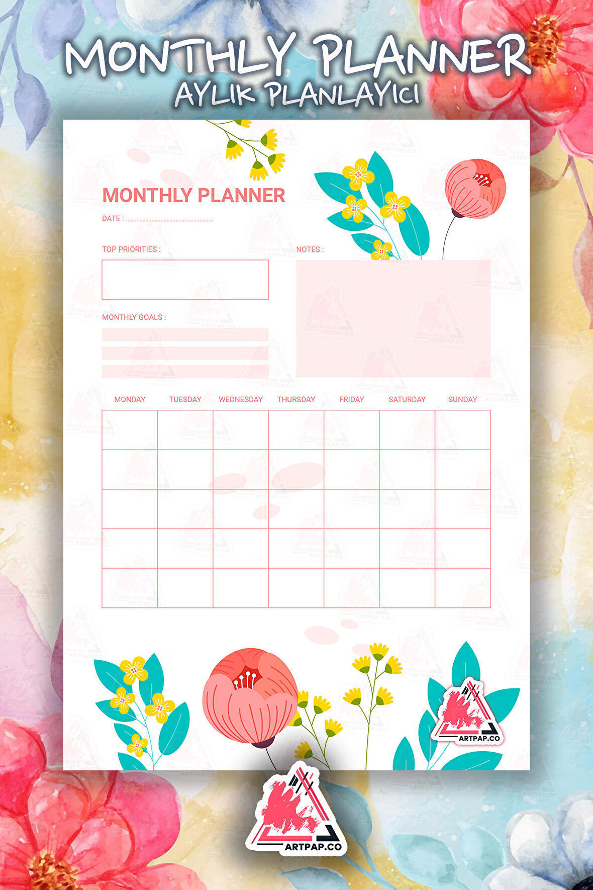 Monthly Planner Note | Aylık Hatırlatıcı Planlayıcı, Haftalık Ajanda, Aylık Defter | A5 50Syf 15*21cm