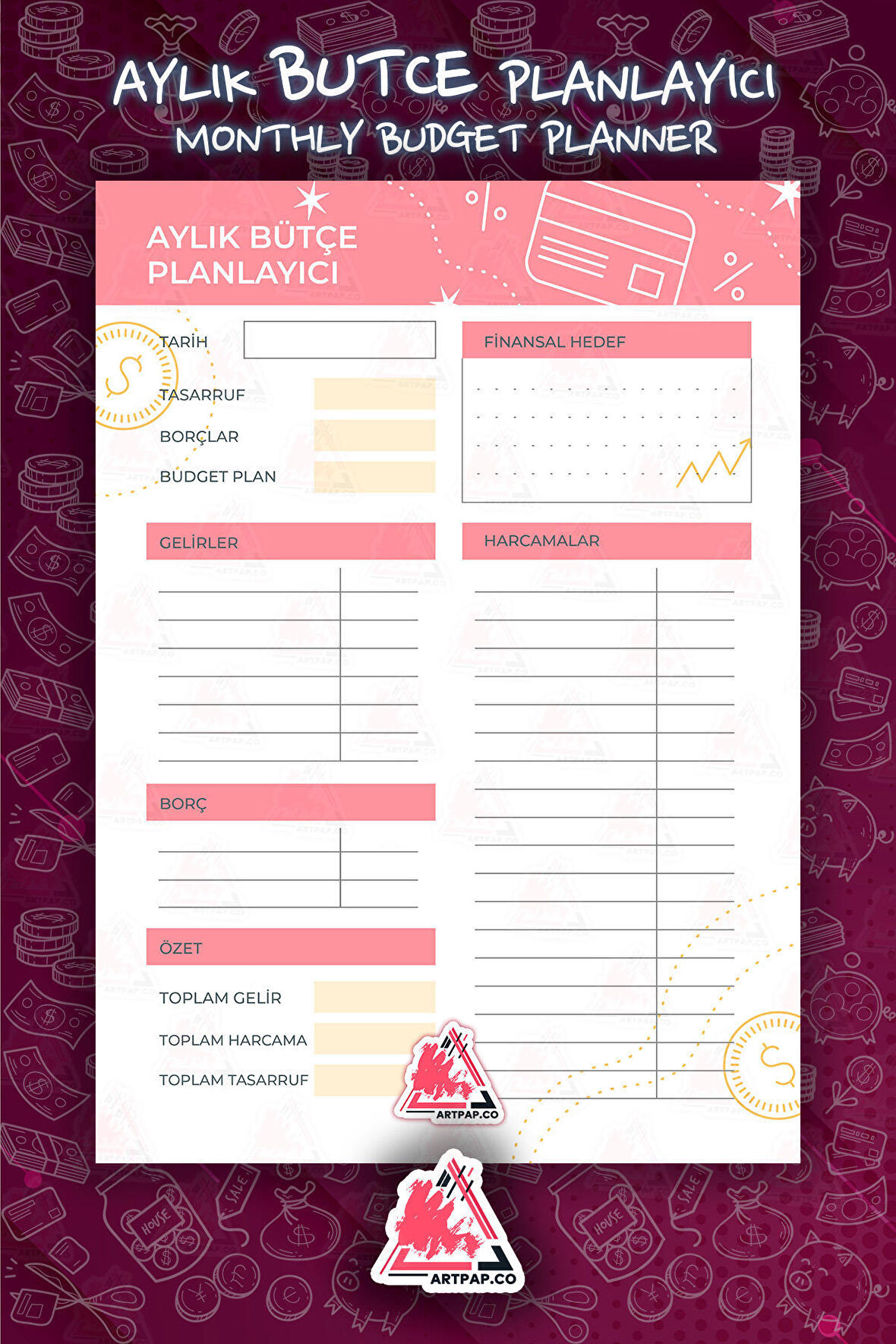 Bütçe Planlayıcı Hedef | To Do List Planner, Haftalık Ajanda, Aylık Defter | A5 50Syf 