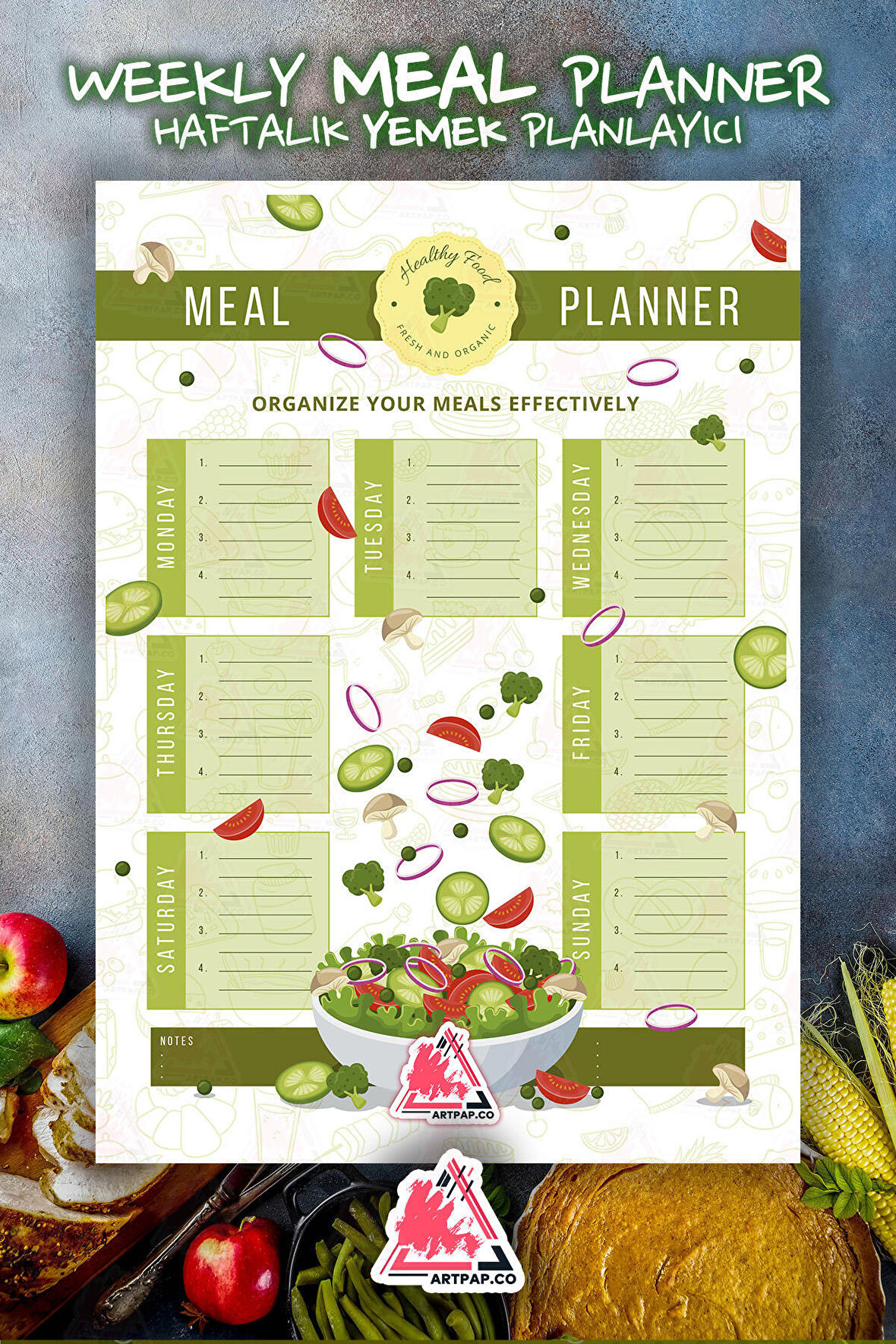 Meal Diet Spor Planner | Spor Diyet Beslenme Günlük, Haftalık Alışveriş Planlayıcı| A5 50Syf 15*21cm