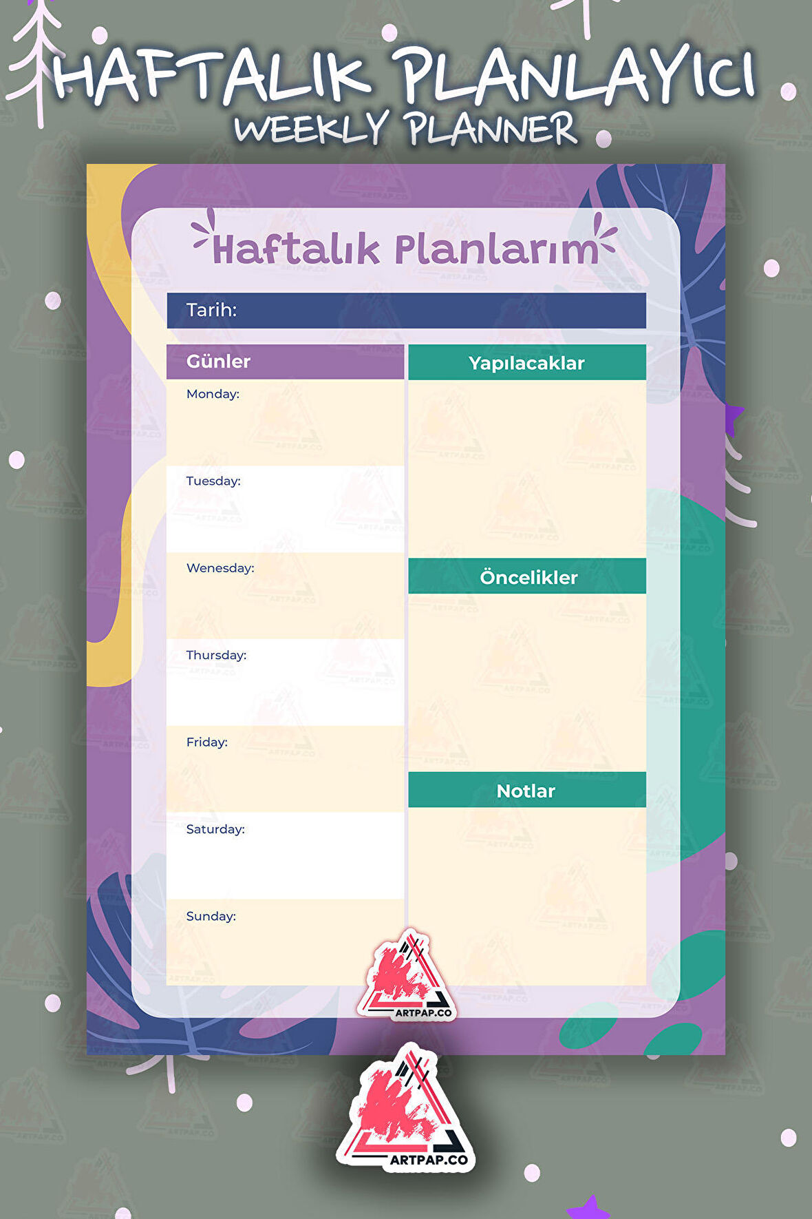 Haftalık Planlayıcı Hatırlatıcı | Weekly Planner Note, Günlük Ajanda,Aylık Defter | A5 50Syf 15*21cm