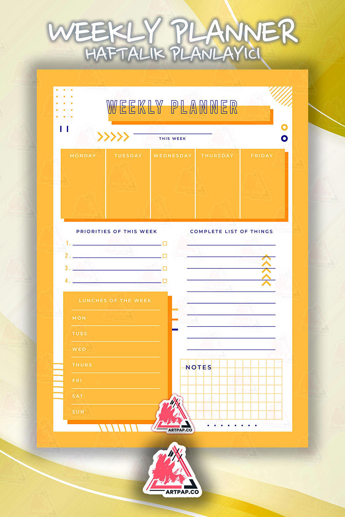 Weekly Planner Note | Haftalık Hatırlatıcı Planlayıcı, Günlük Ajanda,Aylık Defter | A5 50Syf 15*21cm