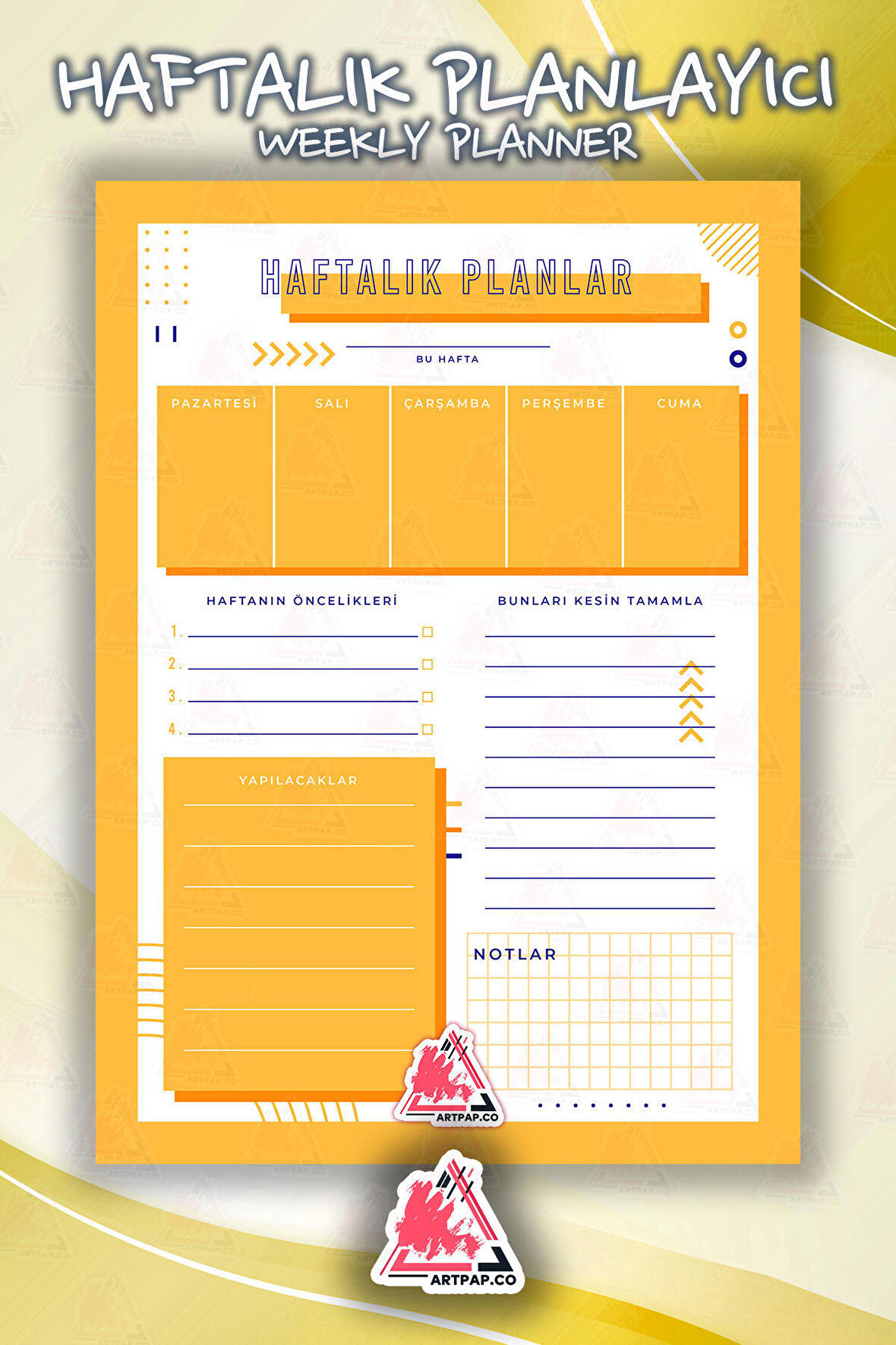 Haftalık Planlayıcı Hatırlatıcı | Weekly Planner Note, Günlük Ajanda,Aylık Defter | A5 50Syf 15*21cm