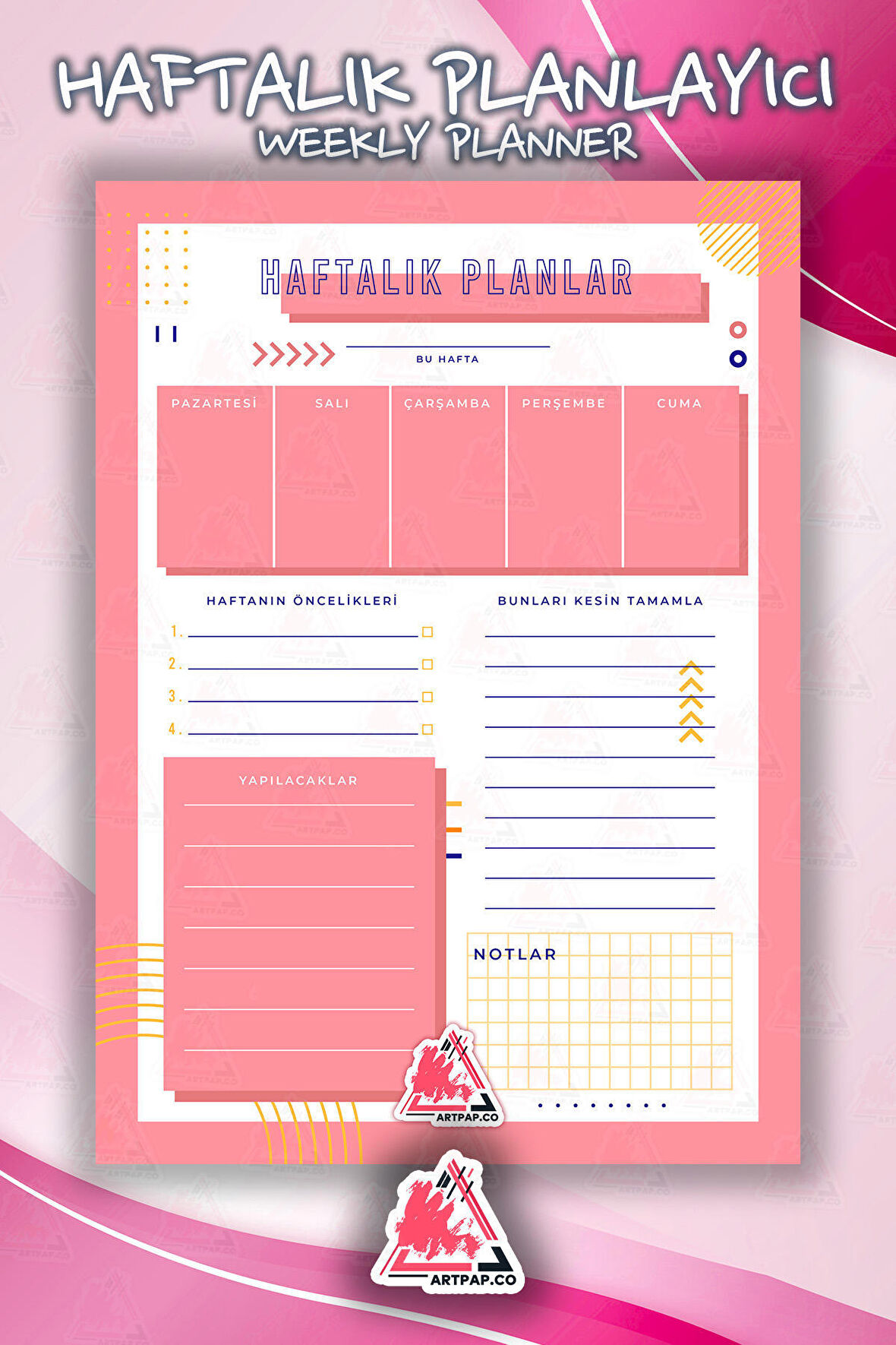 Haftalık Planlayıcı Hatırlatıcı | Weekly Planner Note, Günlük Ajanda,Aylık Defter | A5 50Syf 15*21cm