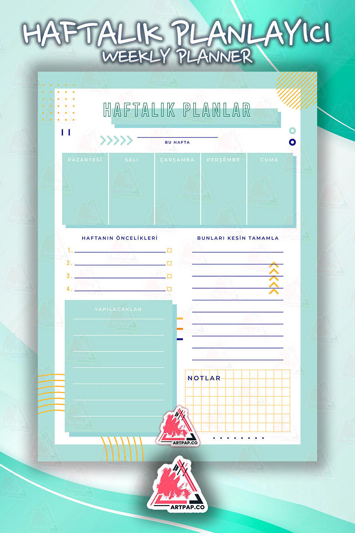 Haftalık Planlayıcı Hatırlatıcı | Weekly Planner Note, Günlük Ajanda,Aylık Defter | A5 50Syf 15*21cm