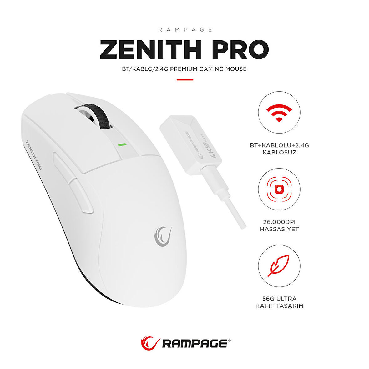 Rampage ZENITH PRO 4K 26000 DPİ Kablosuz Beyaz Gaming Mouse