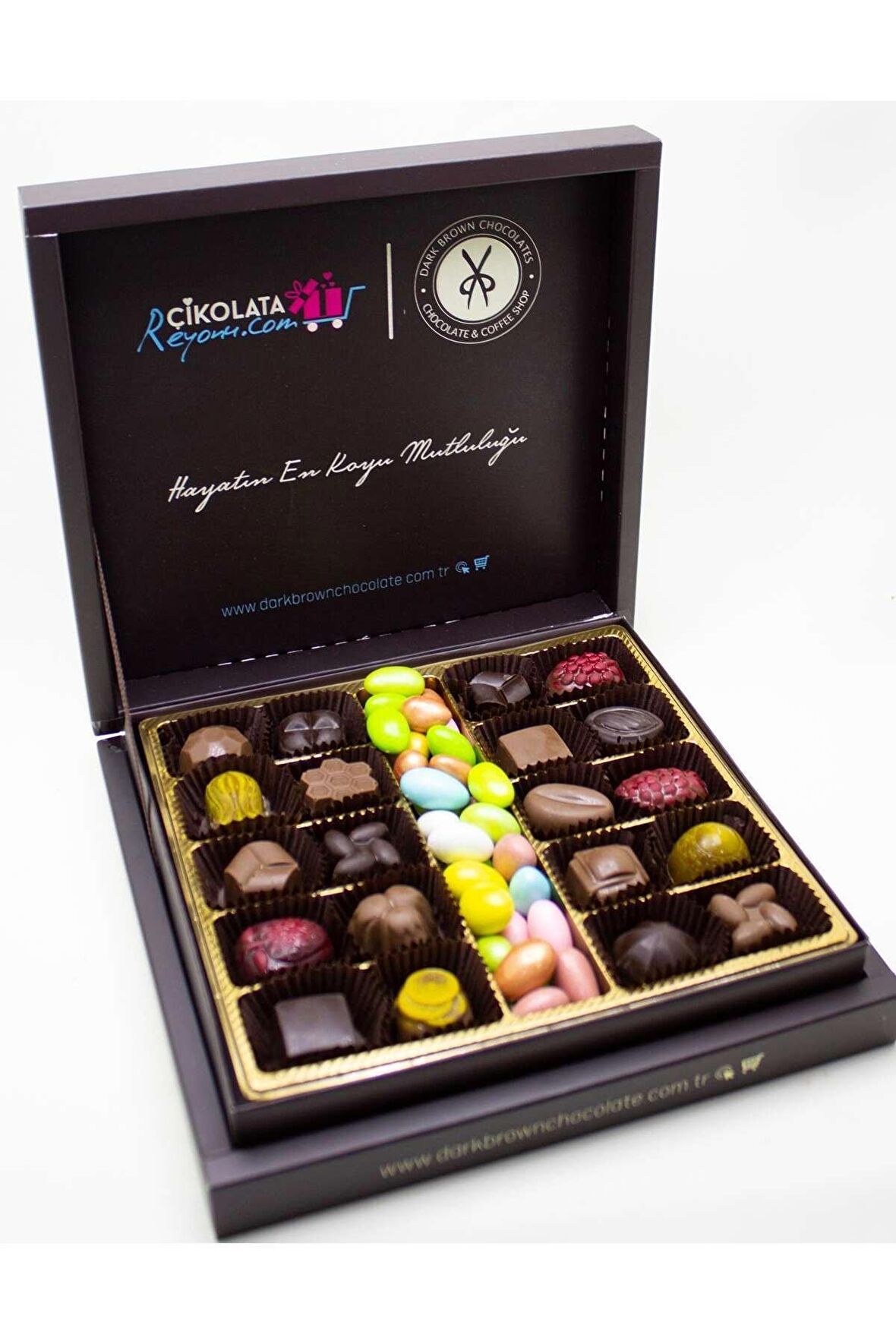 Dark Brown Hediye Çikolatası 20 Spesiyel ve Drajeli El Yapımı Katkısız Çikolata