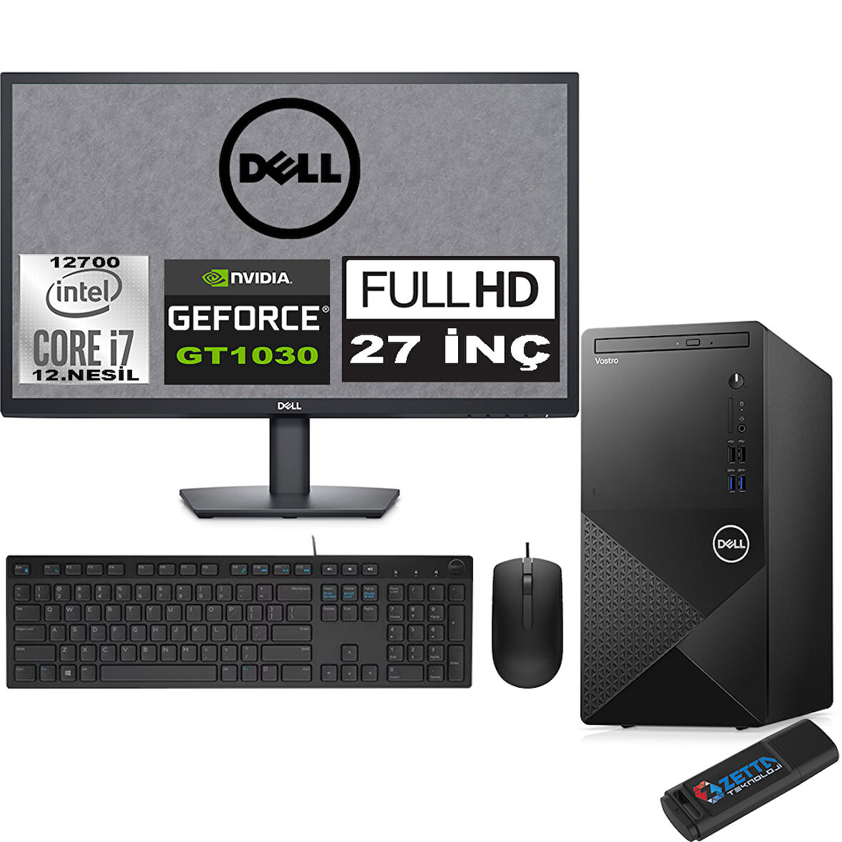 Dell Vostro 3910 MT Intel Core I7 12700 12GB 4TB SSD 27" FHD Windows 11 Pro Nvidia GT1030-4GB Masaüstü Bilgisayar 27N3910GT1030P05 + Zetta USB Bellek