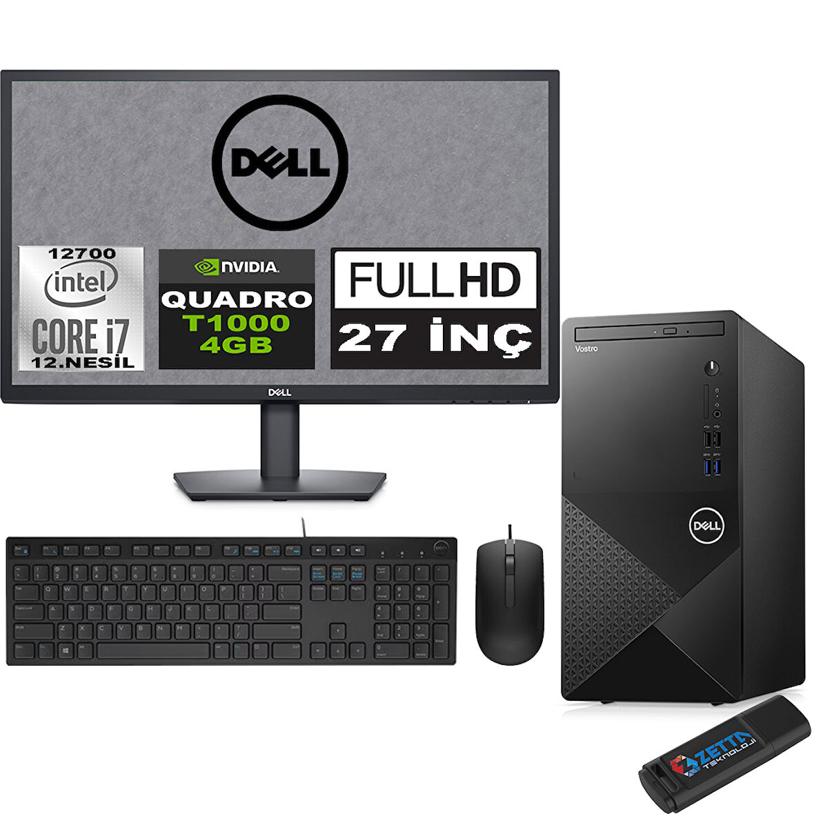 Dell Vostro 3910 MT Intel Core I7 12700 24GB 1TB SSD 27" FHD Windows 11 Home QUADRO T1000-4GB Masaüstü Bilgisayar 27N3910T1000H13 + Zetta USB Bellek